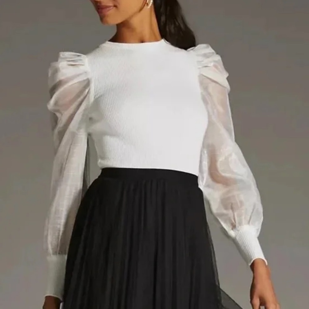 Anthropologie DOLAN Knit top with Woven Puff Sleeves